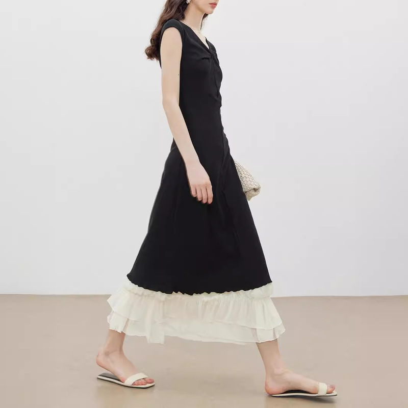 Guangzhou Shisanxing Sleeveless Dress Summer Women's V-Neck Black Dress Mid-Length A-Line Skirt Elegant for Work Commute