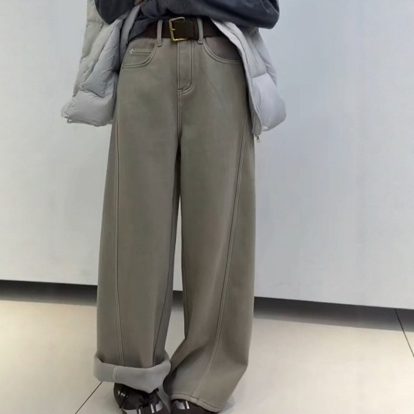 复古高腰直筒牛仔裤女宽松显瘦长裤2025冬季新品加绒加厚配腰带潮