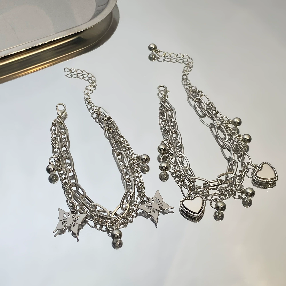 Beach multilayer ankle bracelet heart shaped, small bell with butterfly, double-layer summer chain, accessory, new collection
