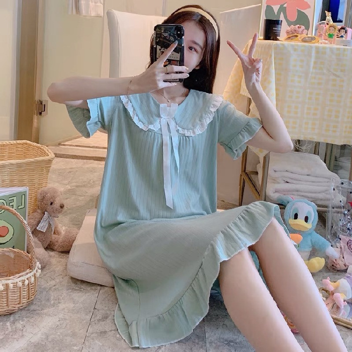 Estilo coreano nuevo verano pijamas de manga corta de las mujeres ins traje camisón lindo collar de la muñeca Red Rojo vestido de longitud media casa de verano