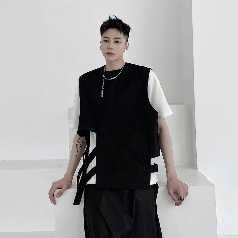 2025 verano nuevo estilo de estilo de Hong Kong personalidad hip-hop multifunción irregular empalme chaleco sin mangas hombro de la moda estudiantil