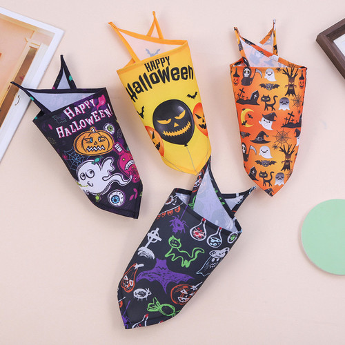 Cross-border Halloween pet triangle scarf dog saliva scarf funny pumpkin head large dog scarf pet saliva scarf