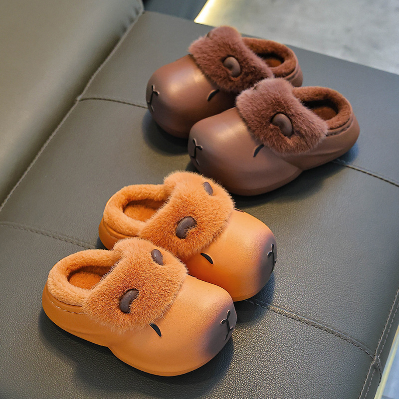 Zapatillas de algodón de invierno para niños Capibara, zapatillas de algodón para niños y niñas, zapatillas de algodón cálidas y impermeables para padres e hijos, bolsas de tacones para niños