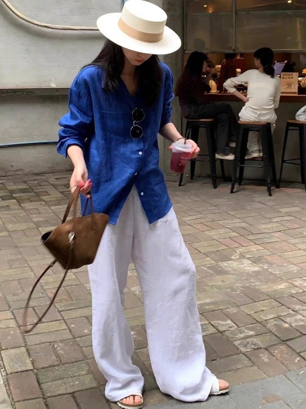 老銭風亜麻セット女性シャツ夏の新型ファッション日焼け止め白綿麻シャツ高級感ワイドパンツ|undefined