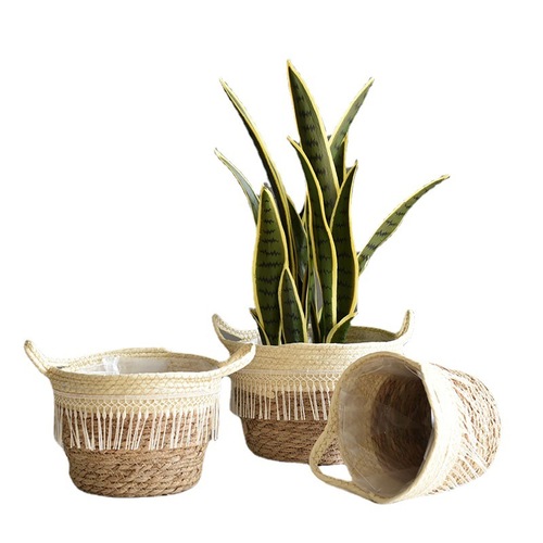 Qingqian grass flower pots, rattan woven flower arrangements, seaweed handmade round plant baskets, potted plant flower baskets
