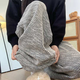 春秋新款黑白条纹阔腿裤女高腰直通休闲裤宽松显瘦百搭遛弯长裤女