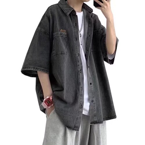 Slim-fit denim short-sleeve shirt for men, summer workwear open jacket, loose Korean-style trendy versatile top