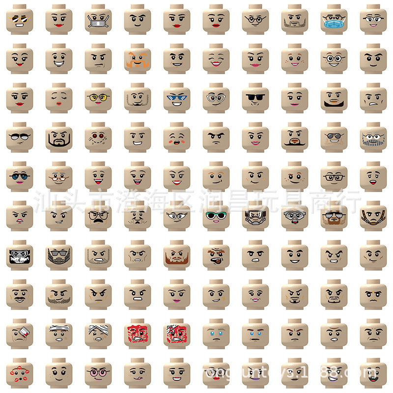 Foreign Trade Cross-Border Small Particle Building Block Accessories, Minifigure Head, Compatible with 3626, Face Printed with Expressions, 50 Grams