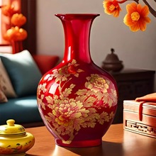 景德镇花瓶陶瓷中式大红色家居客厅玄关插花花瓶摆件乔迁之喜