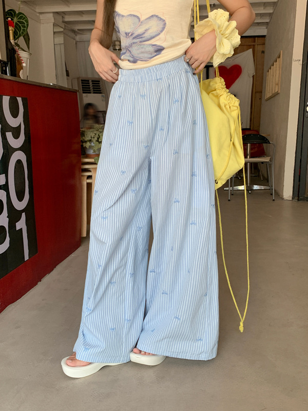 夏日蓝色竖纹蝴蝶结刺绣休闲裤女2025新款小个子独特设计感直筒裤|undefined