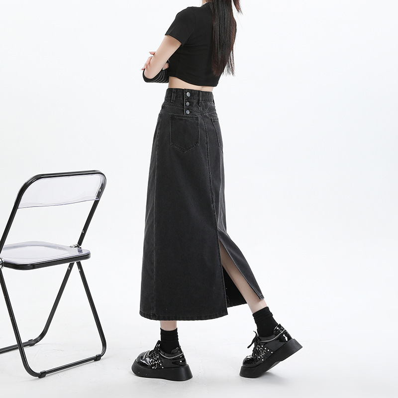 Gray and Black Buttoned High-Waisted Denim Skirt for Women Spring & Fall 2025 New Mid-Length Slit Slimming Look Hip-Hugging Skirt