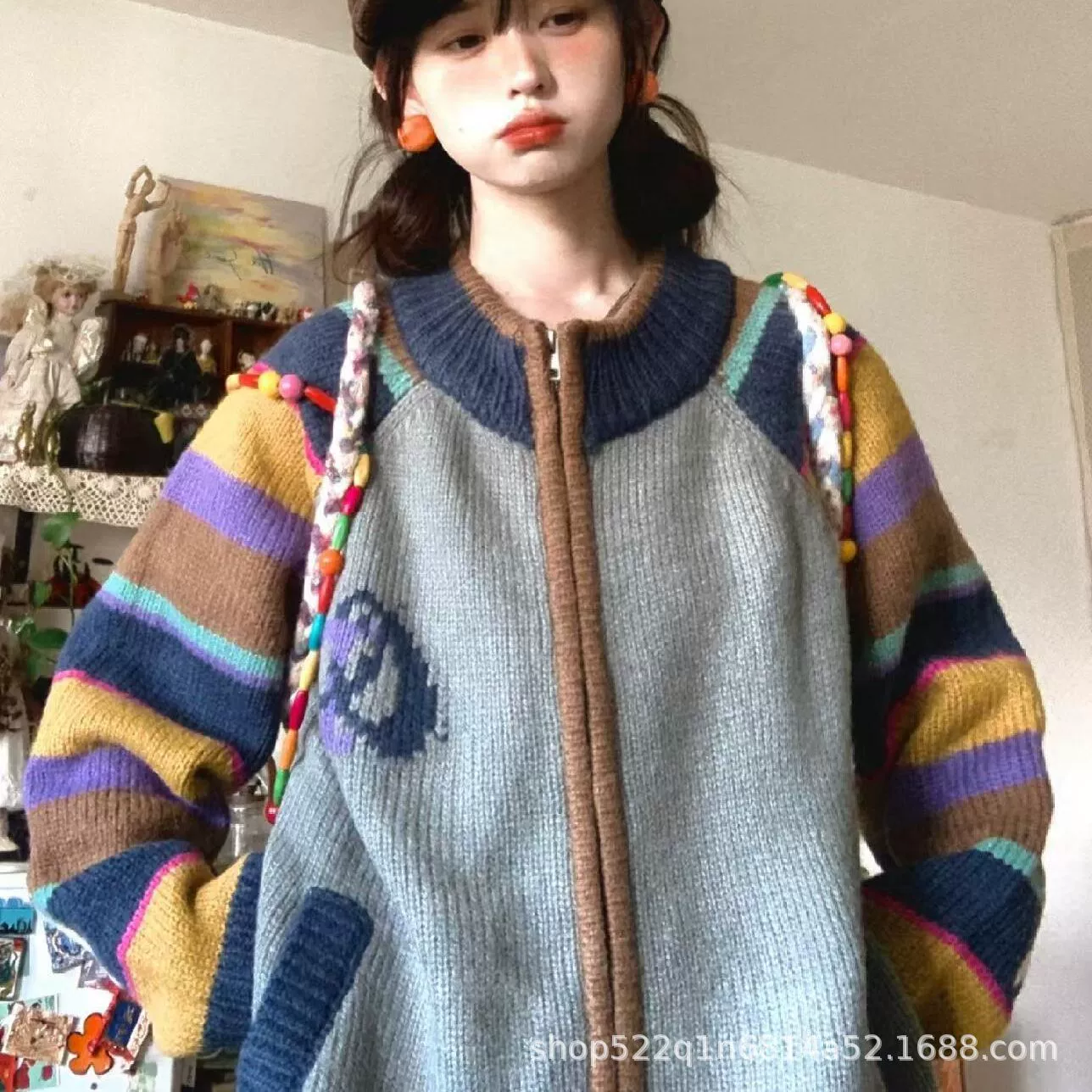 Ретро контрастный цвет свитер женский осень-зима новый мягкий клейкий вязаный кардиган с молнией на молнии