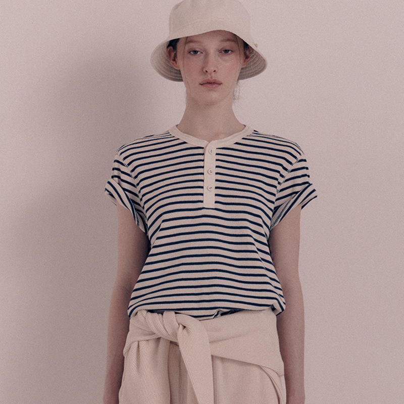 In stock nothing written striped short-sleeved T-shirt female 2024 spring and summer niche versatile casual simple top