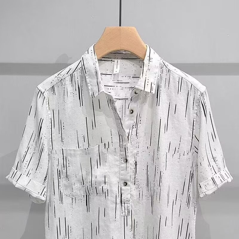Men's Clothing Men's Summer Thin Linen Shirt Floral Print 5/8 Sleeves Breathable Trendy All-Linen Shirt For Formal & Casual_viptrois.com