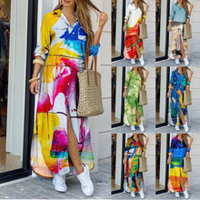 跨境女裝亞馬遜ebay2022新款歐美春夏時尚印花性感襯衫長裙連衣裙