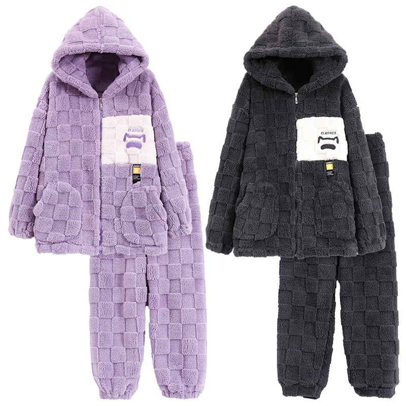 Otoño e invierno pareja cardigan pijamas engrosada ropa para el hogar de los hombres traje con capucha cálido invierno de las mujeres polar forrado de lana de coral