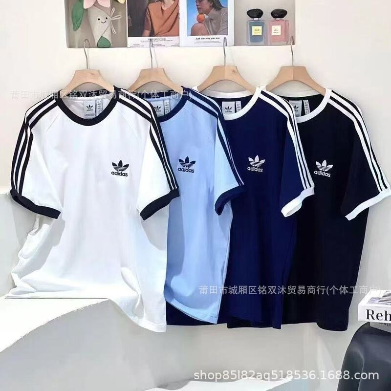 Foreign Trade Cross-Border Adidas Trefoil Embroidered Classic Black and White Three-Stripe Short-Sleeve Sports Casual Unisex Crew Neck T-Shirt
