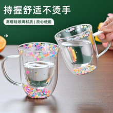 家用高颜值双层玻璃真干花杯耐热喝水杯子带把手牛奶杯茶杯咖啡杯
