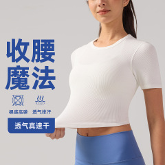 夏の丸首半袖tシャツの女性の臍を露出して身を修めるのはやせています。