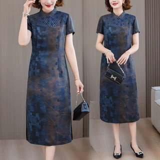 blx9666年轻妈妈洋气礼服刺绣旗袍连衣裙2026夏季新款蓝色长裙
