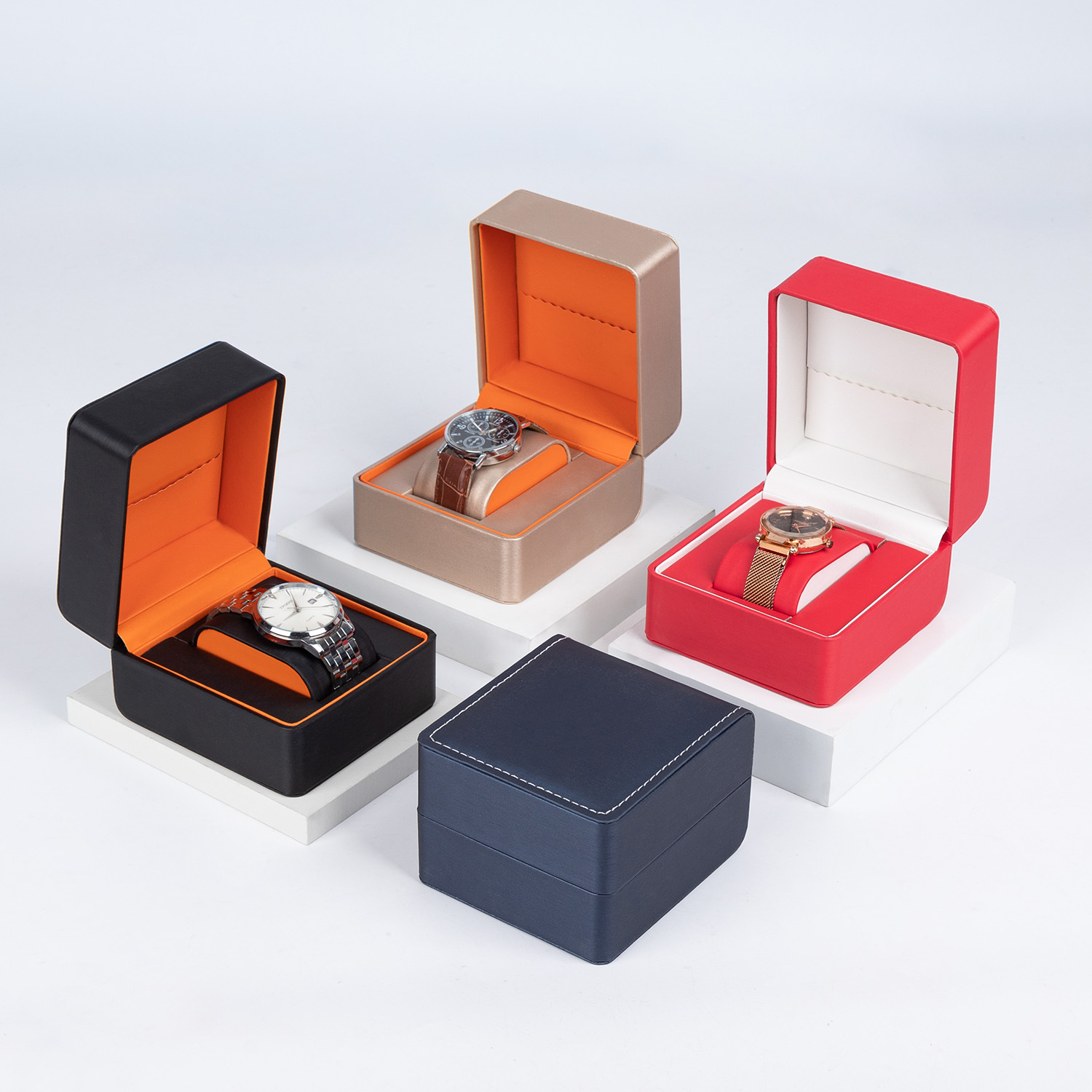 Caja de reloj de ángulo redondeado al por mayor cubierta flip PU caja de almacenamiento de reloj de seda de lluvia estriado caja de embalaje de reloj caja de regalo image 3