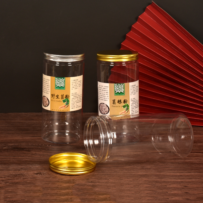 8518 polvo de raíz de kudzu Pueraria salvaje envasado de plástico botella vacía cubierta de oro al por mayor en stock