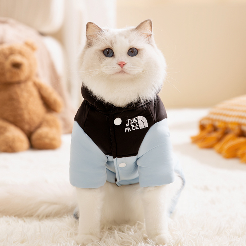 Otoño y invierno gatos sin pelo gatos simple calor de contraste de color empalmado capuchón ropa de algodón de cuatro patas Teddy perros ropa de mascotas