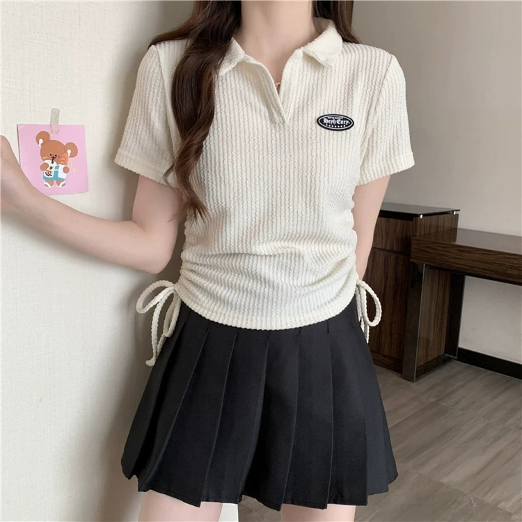 Large size American front shoulder polo neck short sleeved t-shirt for women 2024 new summer chubby mm top design_voghion.com