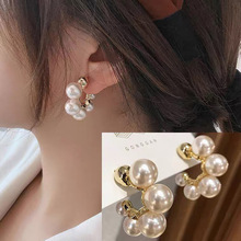 925银针耳饰法式C型珍珠耳环韩国气质时尚复古港风百搭网红耳钉女