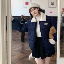 潮牌字母刺绣美式仿羊羔毛领设计感加厚小个子短款棉服棉衣外套女