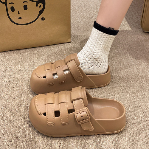 Summer New Holes Shoes Thick Sole Outer Wear Soft Sole Anti-Slip Fashion Birkenstock Flat Student Head Cover Cool Slippers