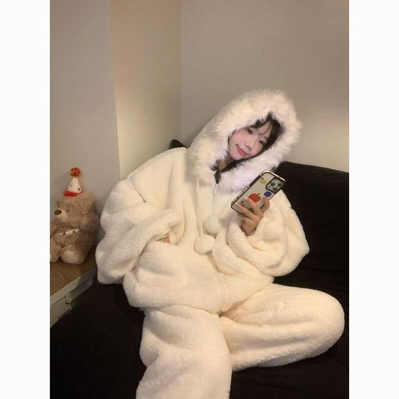 Sweet Princess Style White Pajamas for Women in Autumn and Winter Warm Long-Sleeved Pants Suit Beautiful Girls Can Wear Home Clothes