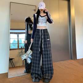 美式复古撞色抽绳格纹裤直筒休闲裤女秋季宽松垂感阔腿裤百搭长裤