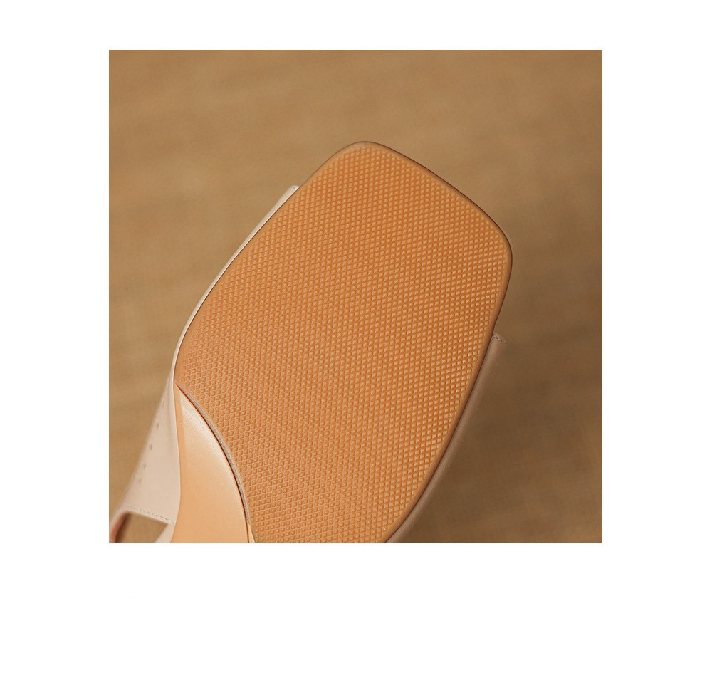 Sandal nữ đầu vuông hở ngón chân da bò thô gót thô cao — màu trắng ngà chi tiết 10