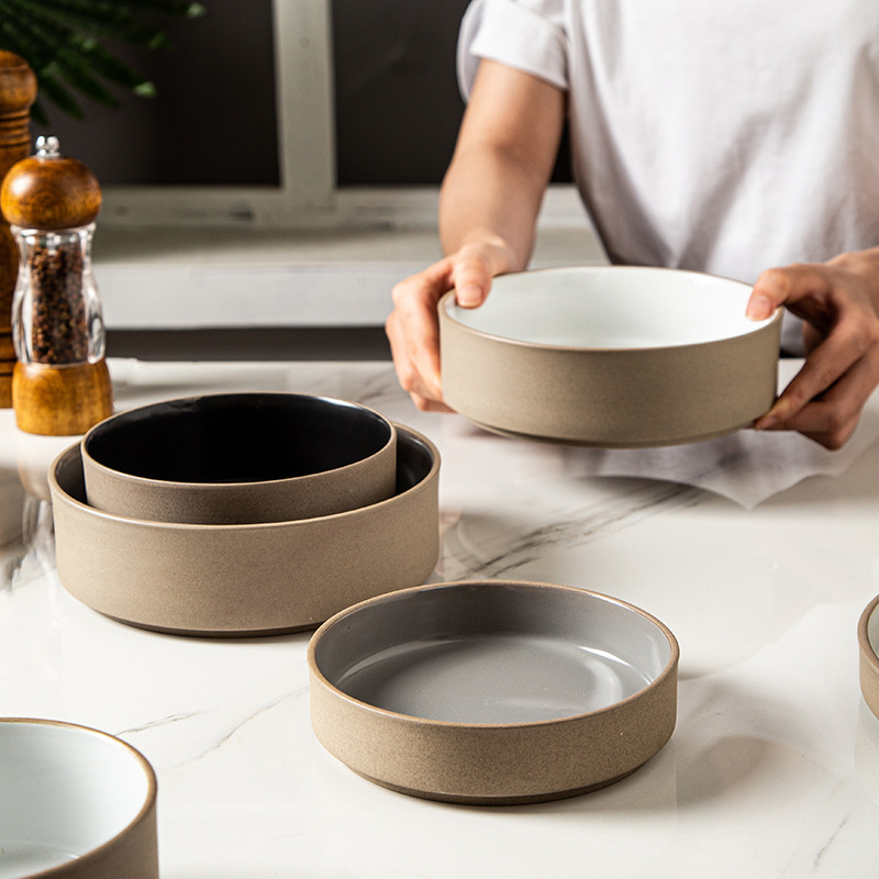 Stoneware Household Tableware Rice Bowl Noodle Soup Bowl Simple Dumplings Tray Vegetable Plate Retro Japanese-style Ceramic Dishes suit
