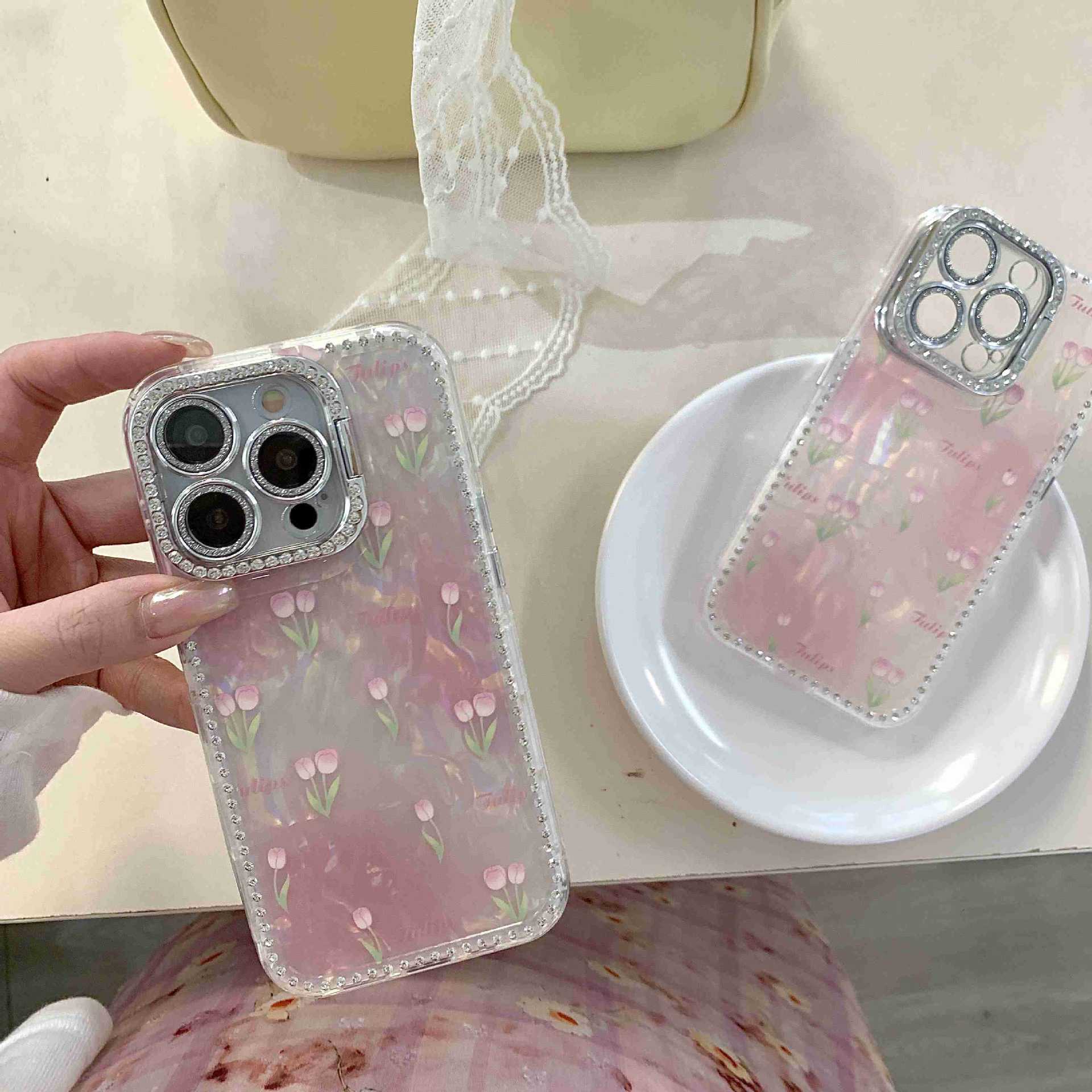 Spring ins Tulip Shell Patrón Adecuado para iphone16ProMax Diamante lateral 14/13 Apple 15 Funda para teléfono móvil Mujer