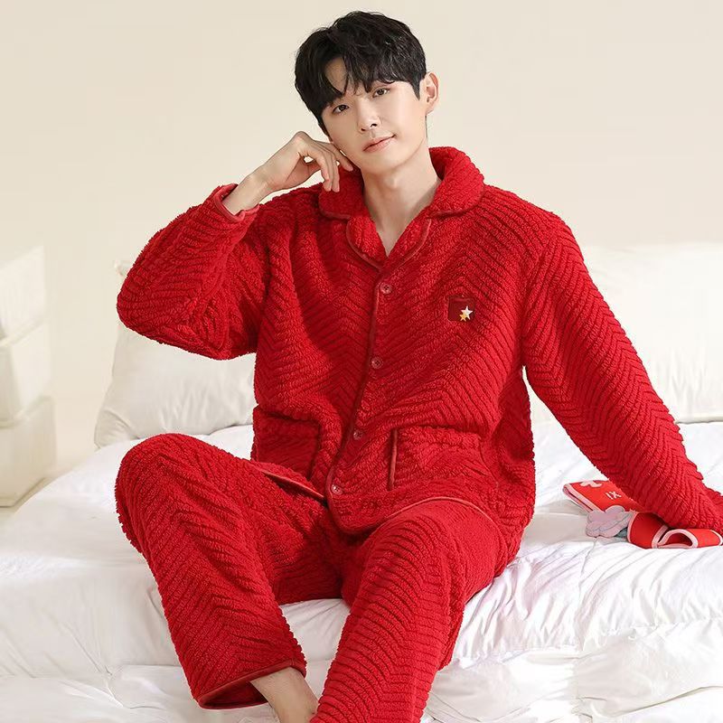 Pijamas de coral de lana de invierno para hombres con lana de invierno engrosado otoño invierno conjunto de ropa de franela 2025 nuevo