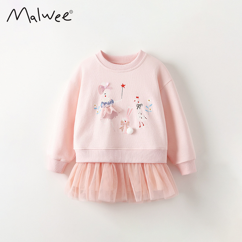 Cross-border malwee camiseta de niñas otoño y invierno nuevo estilo europeo y americano de niños de media edad cuello redondo mangas largas invierno vestido de princesa