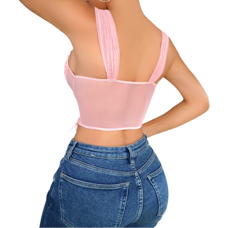 Verano Rosa puro deseo estilo dulce y picante superior de las mujeres con cuello en V nicho malla anillo de acero cordón tridimensional bordado ancho hombro chaleco