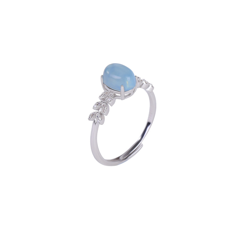 Nhẫn bạc S925 đính đá Aquamarine hình trứng mặt cắt tinh tế, kiểu mở điều chỉnh được — một mảnh