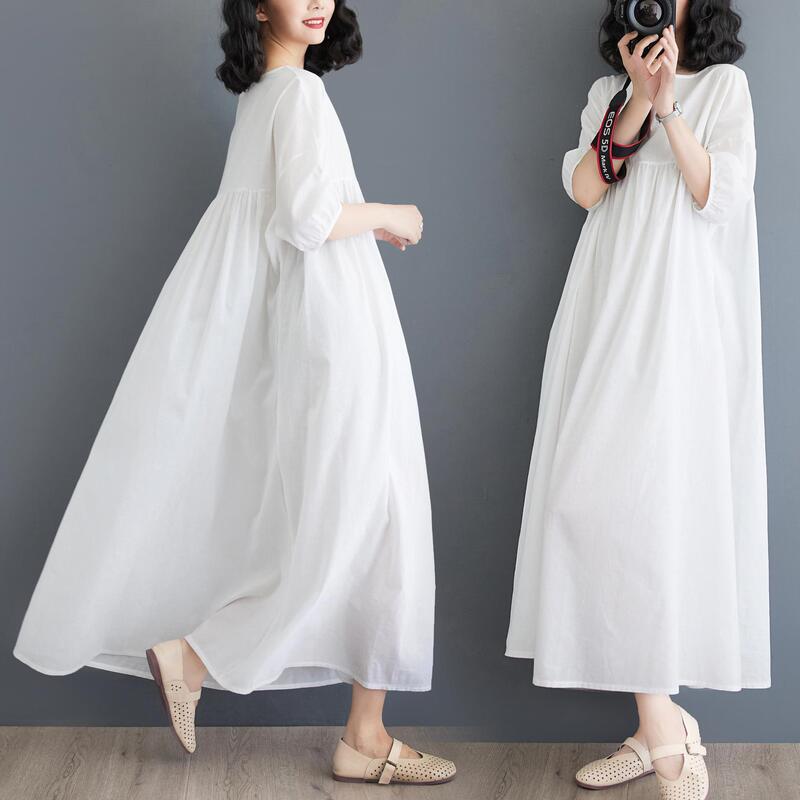 White Fairy Ramie dress Women's Seaside Vacation Elegant Long Dress Cotton and Linen Artistic Loose Mid-length Dress White Fairy Ramie dress Women's Seaside Vacation Elegant Long Dress Cotton and Linen Artistic Loose Mid-length Dress