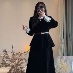 大码女装法式气质假两件蕾丝拼接连衣裙秋冬微胖mm绝美显瘦小裙子