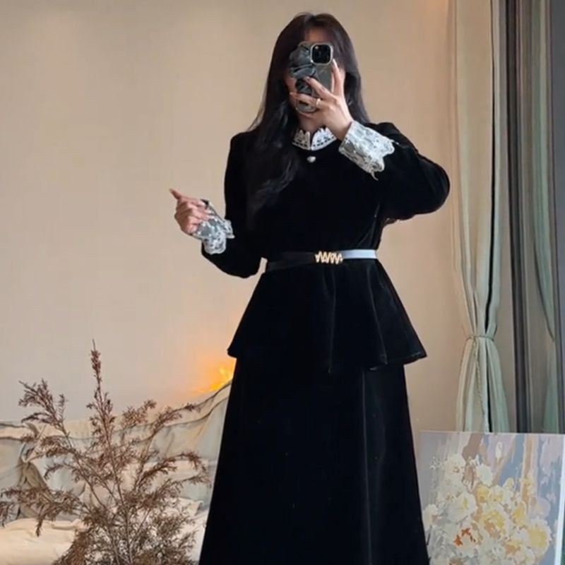 大码女装法式气质假两件蕾丝拼接连衣裙秋冬微胖mm绝美显瘦小裙子|undefined