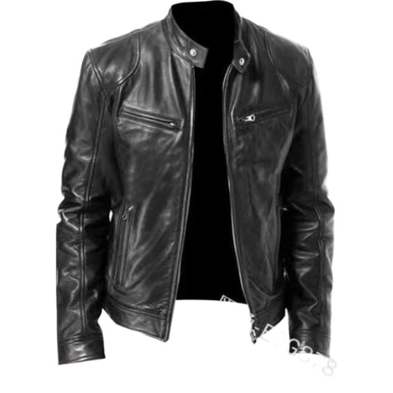 En stock Comercio exterior invierno negocios Caballero caliente cremallera cardigan bolsillo decorativo pu ropa de cuero collar de pie chaqueta de cuero delgada