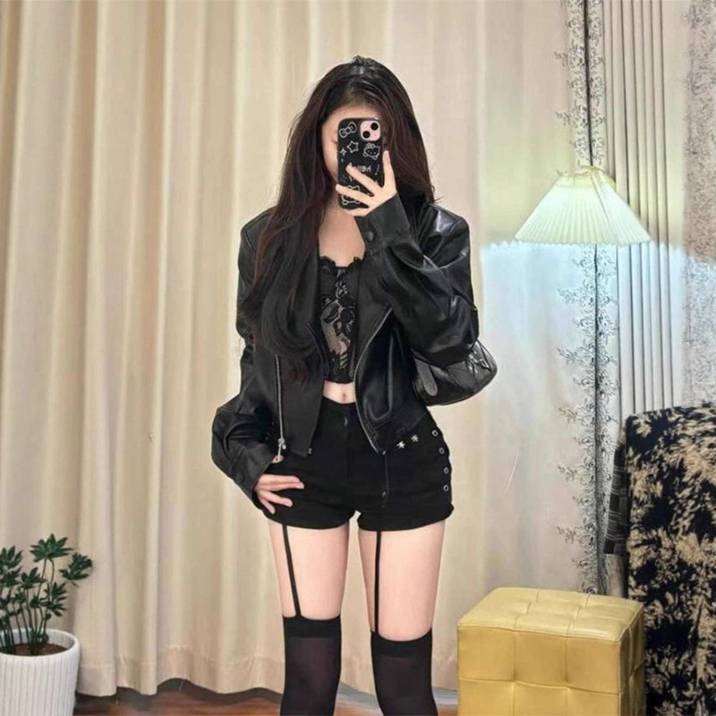 美式辣妹黑色皮衣外套女2025秋季小个子短款机车PU皮夹克甜酷上衣|undefined