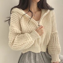 韩系慵懒连帽针织开衫毛衣女2025春秋冬新款宽松气质拉链长袖外套