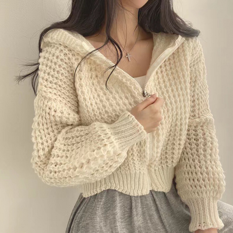 Korean Style Lazy Hooded Knitted Cardigan Sweater for Women 2025 Spring, Autumn and Winter New Style Loose Elegant Zipper Long-Sleeved Jacket