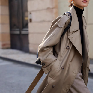 Spot autumn and winter fashion twill three-dimensional silhouette double-breasted temperament lapel mid-length trench coat for women