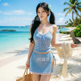 纯欲天花板法式初恋蓝碎花蕾丝分体裙式泳衣女保守三件套温泉泳装