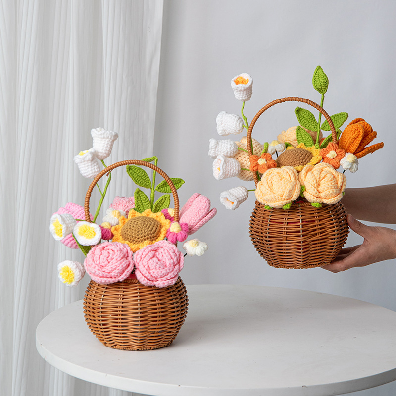 郁金香玫瑰针织花束手提花篮插花摆件闺蜜生日乔迁礼物装饰摆件花|undefined